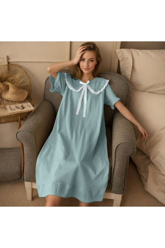 Moomoo Comfort Nightgowns for Women's Plus Green Ruffle Nightgowns Short Sleeve Long Collared Womens Pjs Louge