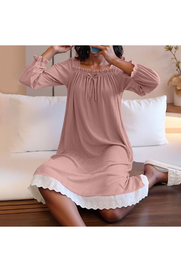 Moomoo Night Gowns Women Lace Long Night Gowns Pink Long Sleeve Sweetheart Sexy Night Gowns for Woman,M