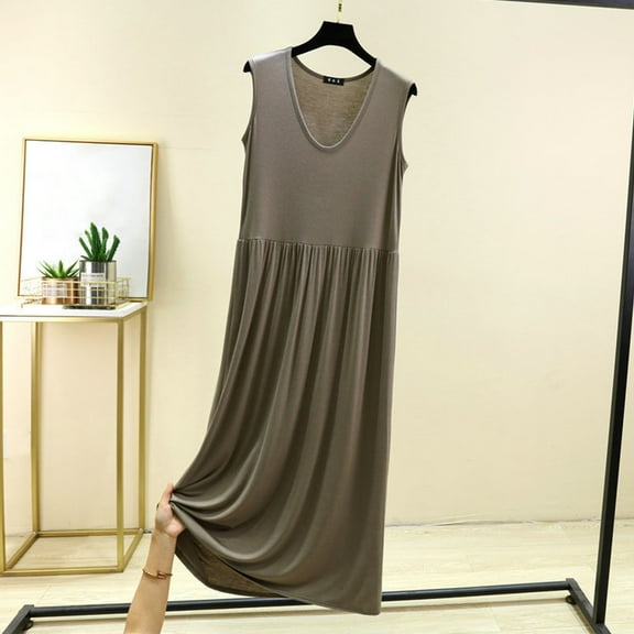 Aobny Moomoo Nightgown Women Modal Long Loungewear Crew Neck Gray Sleeveless Xmas Pajamas,M