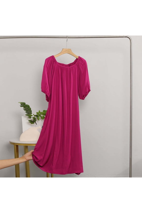 Mumu Nightgowns Modal Short Sleeve Womens Nightshirt Hot Pink Boat Neck Long Plain Womens Sleep Shirts,L