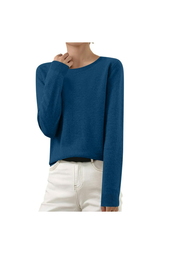 Navy Blue Cute Sweaters for Women Crew Neck Basic Chunky Long Sleeve Pullover Plain Womens Shirt