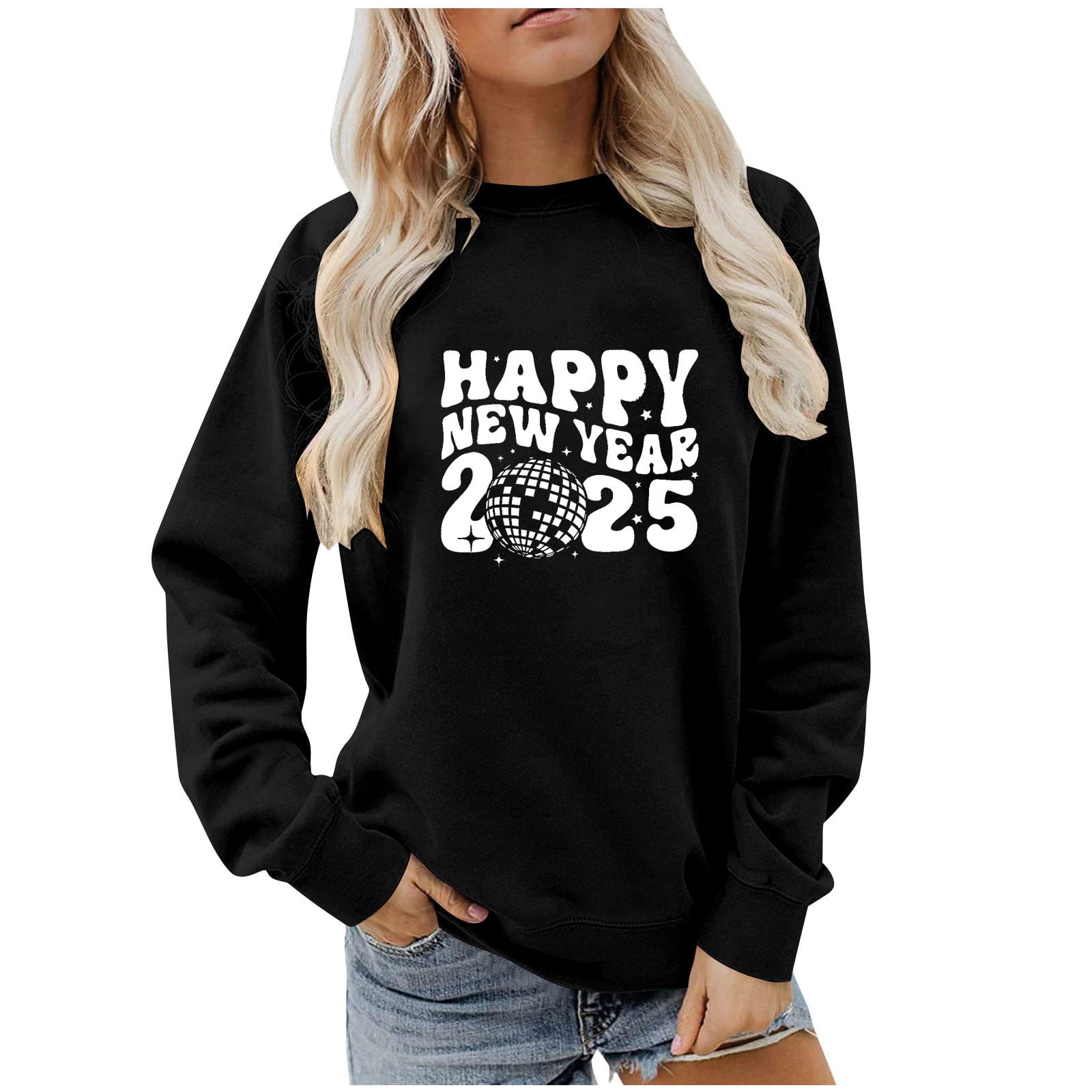 Aobny New Year Winter Womens Sweatshirts Black 2025 Long Sleeve Crew Neck Polyester Pullover