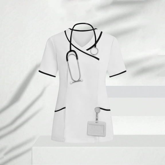 Aobny Nurse Shirt Scrub Womens T-shirt V-Neck White Blouse Short Sleeve Christmas Womens Tops,XL