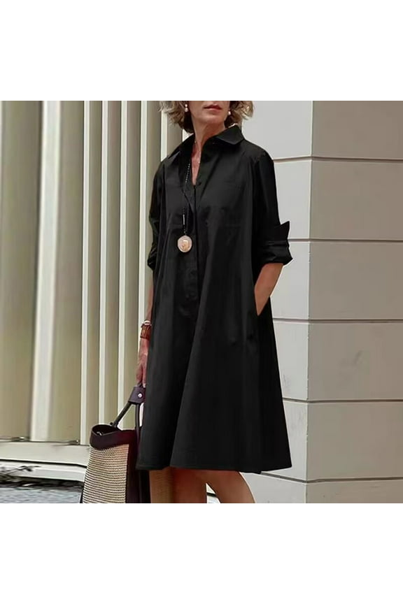Office Ladies Spring Dresses Elegant Black Shirt Dress Collared Long Sleeve Color Block Women Summer Dresses