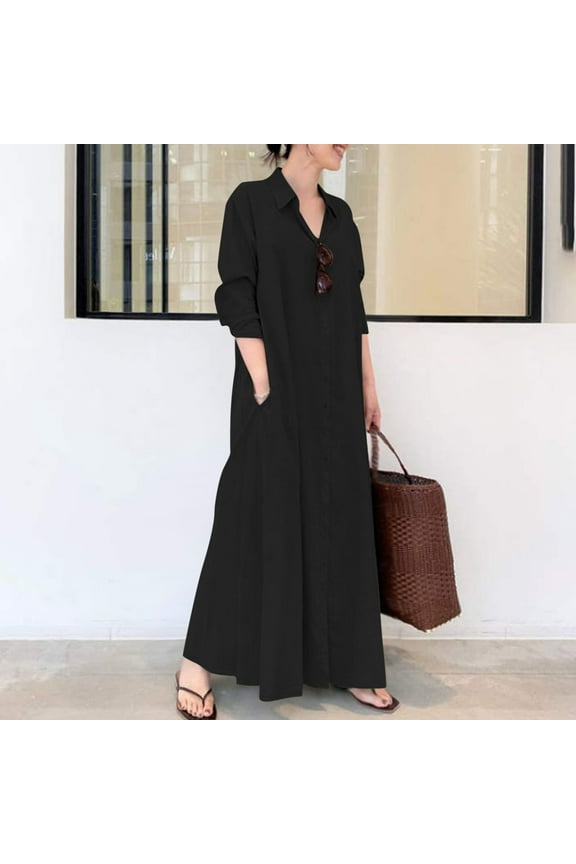 Office Vacation Dresses for Women 2025 Black Shirt Dress Maxi Long Sleeve Party Dresses for Women Elegant Classy