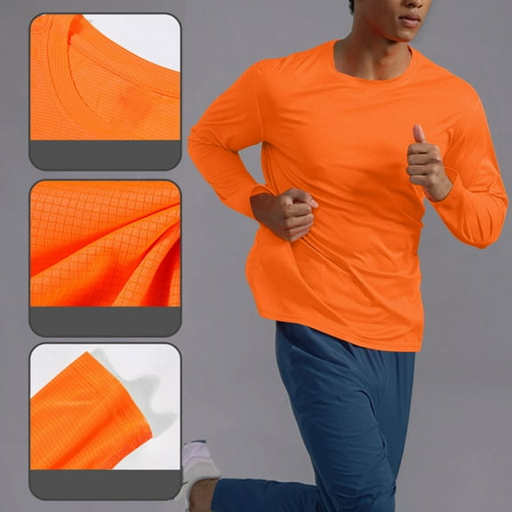 Aobny Orange Mens T Shirt Workout Gym Long Sleeve Tee Plain Pullover Crew Neck Work Tops,L