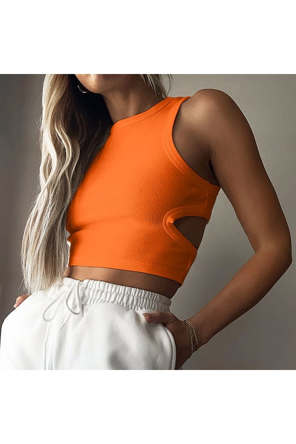Orange Summer Leisure Women's Tank Tops Ribbed Basic Tops High Neck Open Back Crop T-shirts for Adult