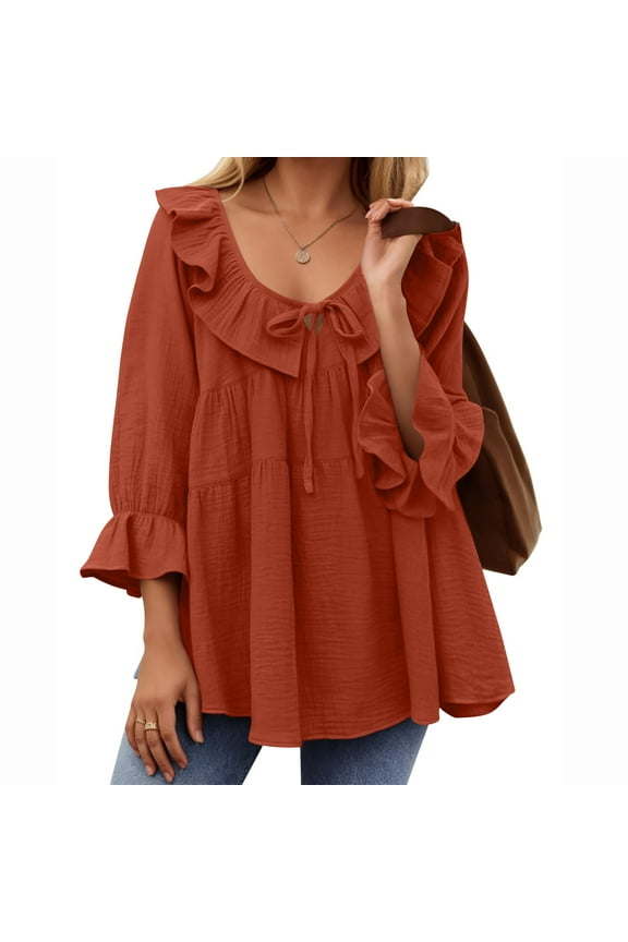 Orange Women's Streetwear T-Shirt Babydoll Spring Tees 3/4 Sleeve Crew Neck Juniors Shirts