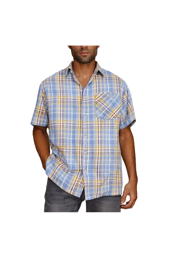 Oversized Party Tops Short Sleeve Collared Blue with Pocket Tshirts Button-Up Men Plaid Plus Size Graphic Tees,L