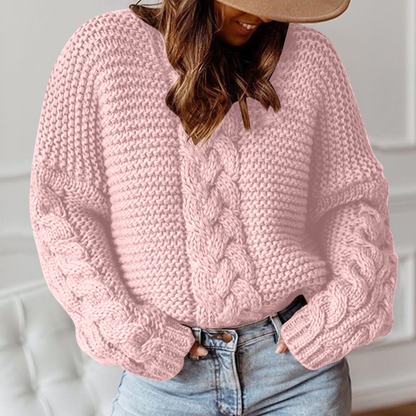 Aobny Oversized Fashion Sweaters for Women Pink Long Sleeve V-Neck ...