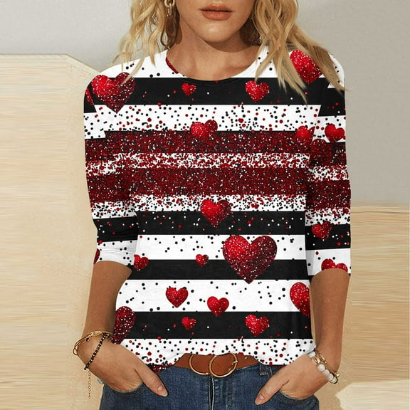 Aobny Oversized Shirts for Women Striped Plus Size Shirts 3/4 Sleeve Red Crew Neck Pullover Womens Fall Tops,XXXL