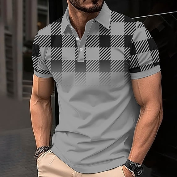 Aobny Oversized T-Shirts Collared Gray Button Up Short Sleeve Shirt Men Pullover Polos Plaid T Shirts,L