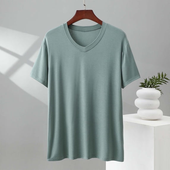 Aobny Oversized T Shirts for Man Plain Modal Shirt Short Sleeve V-Neck Big & Tall Shirt,Green,3XL
