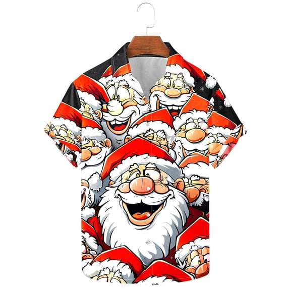 Aobny Oversized Tshirt Santa Short Sleeve Collared Tees Button-Up Big & Tall Christmas T-Shirts,XXXXL