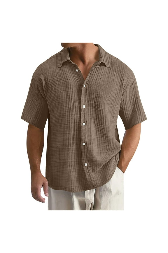 Oversized Work Shirts for Men Collared Brown Short Sleeve T Shirts Button-Up Big & Tall Plain Wrinkle Going Out Tops,XXXXL