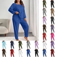 thumbnail image 1 of Aobny Pajama Sets for Women Long Sleeve Oversized Pjs for Curvy Cuffed Plain Crew Neck Brown Ankle Plus Size Pajamas,XXL, 1 of 6