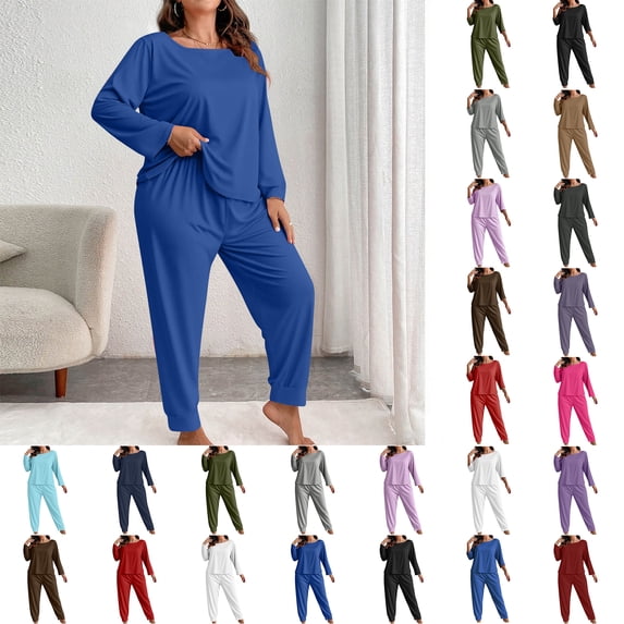 Aobny Pajama Sets for Women Oversized Long Sleeve Pjs for Curvy Crew Neck Ankle Plain Black Cuffed Plus Size Pajamas,XXXXL