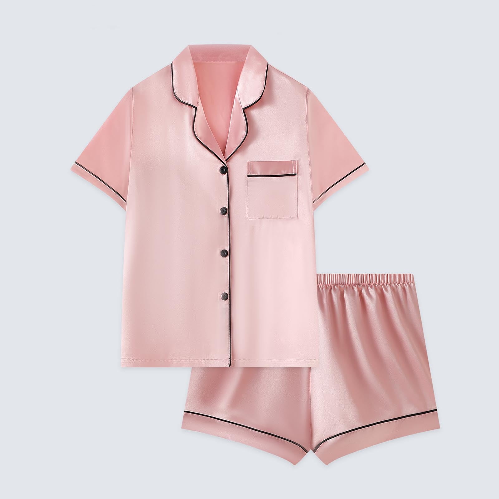 Aobny Pajamas Men Satin Button-up Pink Pjs Wide-Leg Short Collared ...