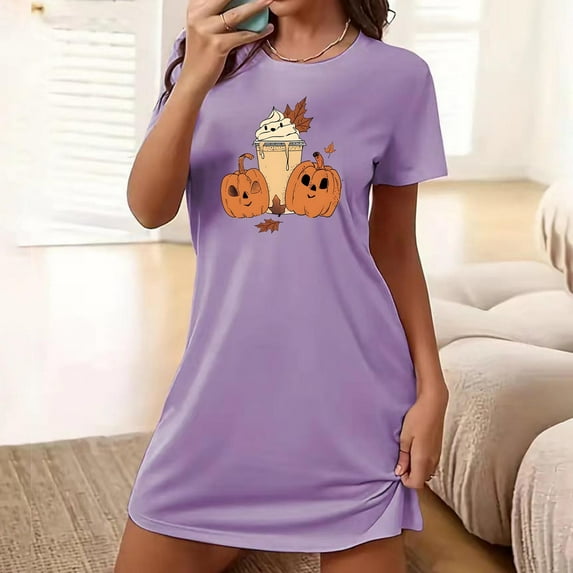 Aobny Pajamas for Women Festival Pumpkin Purple Nightshirt Crew Neck Short Sleeve Short Plus Size Nightgowns,M