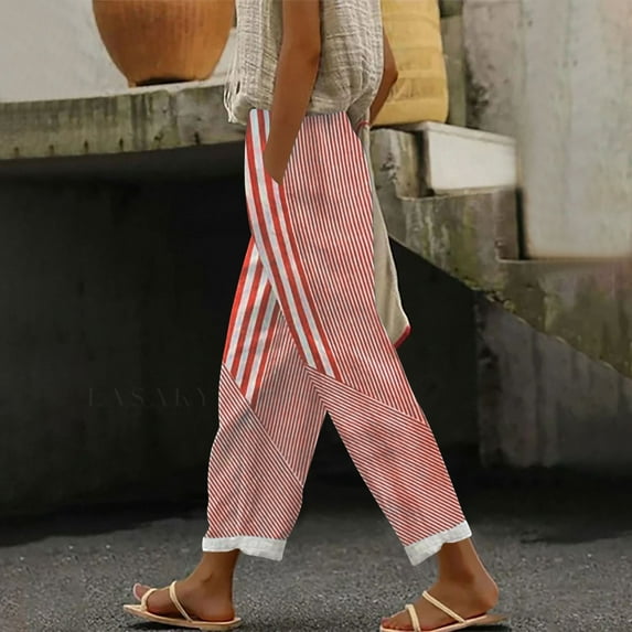 Aobny Pants for Women Dressy Casual Red Harem Striped Pants High Waisted Wide-Leg Ankle Palazzo Travel Pants Women,XXL