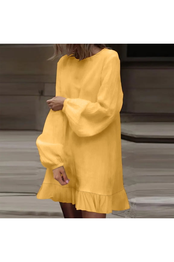 Party Dresses Cotton Linen Yellow Shift Mini Long Sleeve Ruffle Ladies Dresses