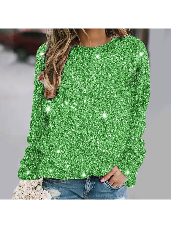 Party Shirts for Women Green Sweatshirt Crew Neck Long Sleeve Sparkly Graphic Pullover Tops for Lady Classy