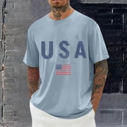 Aobny Patriotic Tee Shirts Fourth of July USA Mens Tees Big & Tall Crew Neck Short Sleeve Shirts,Light Blue,3XL