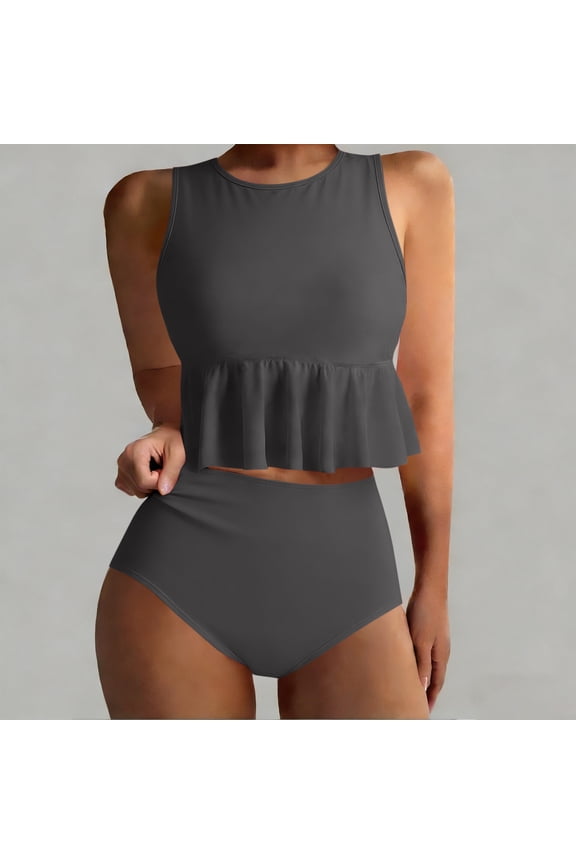 Peplum Women Bathing Suits Plain Swim Suit Tankinis High Neck High Waist Crop-Top Gray Womens Bikini Swimsuits,S