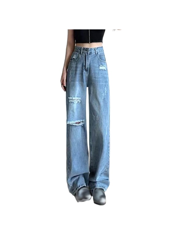 Petite Jeans Distressed Women Blue Ripped Jeans Girlfriend Full Baggy High Waisted Stretchy Pants for Women,L