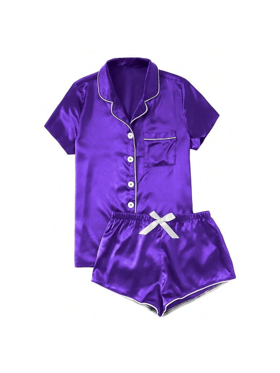 Petite Plus Size Outfits Women Purple Satin Lounge Set Collared Short Sleeve Tea Party Outfits for Women,M