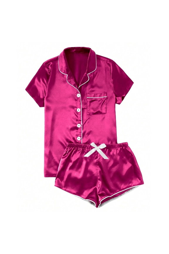 Pink Bride Pajamas Women's Plus Satin Petite Nightwear Short Sleeve Collared Summer Outfits for Women,XL