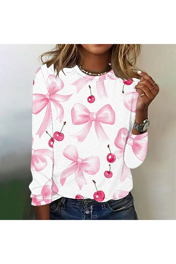 Pink Fitted Blouses for Women Bow Cherry Blouses & Tops Pullover Long Sleeve High Neck Sexy Plus Size Tops,XXL