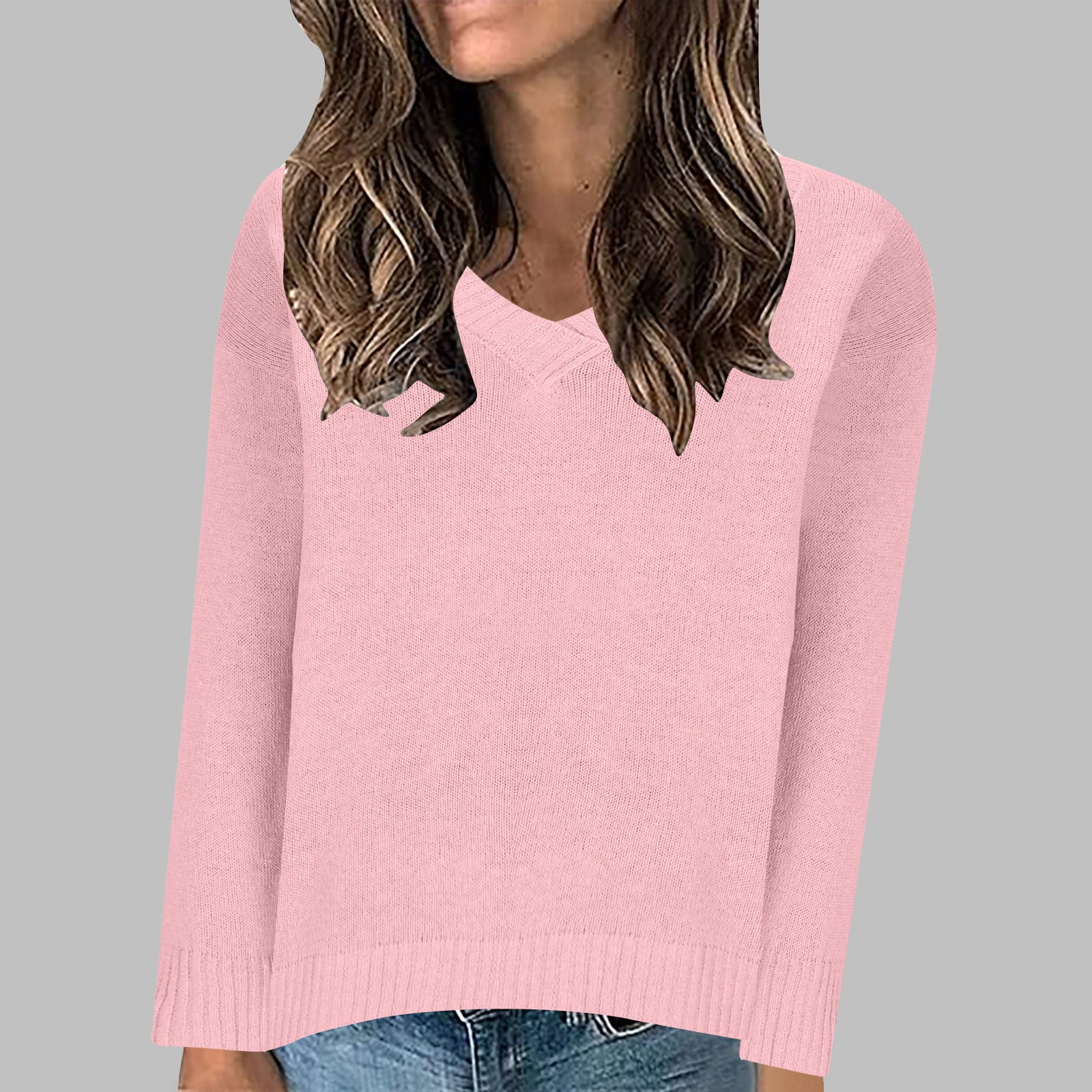 Aobny Pink Going Out Tops for Women Sweater Long Sleeve Solid VNeck — free download