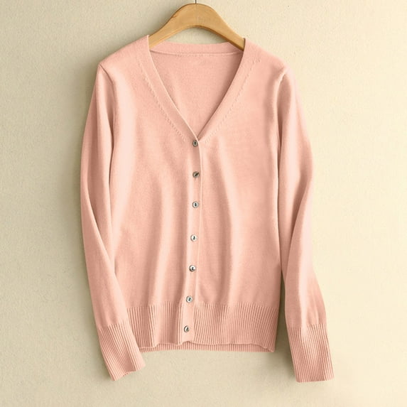Aobny Pink Trendy Tops for Woman Sweater Long Sleeve Solid Button V-Neck Blouse Tops for Junior Fancy