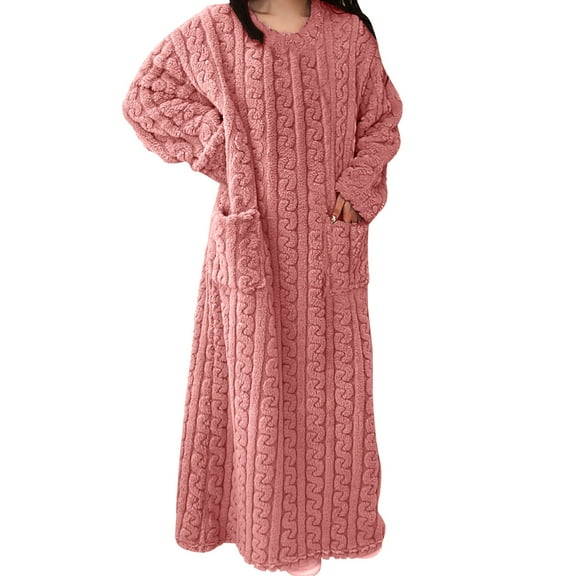 Aobny Pink Winter Womens Nightgowns Flannel Solid Crew Neck Long Sleeve Long with Pockets Adults Nightgowns Knit