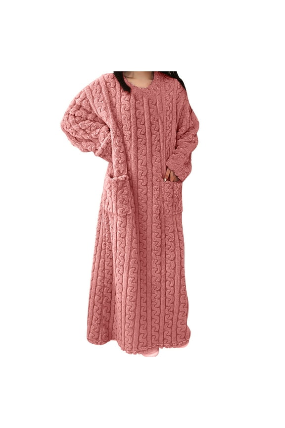 Pink Winter Womens Nightgowns Flannel Solid Crew Neck Long Sleeve Long with Pockets Adults Nightgowns Knit