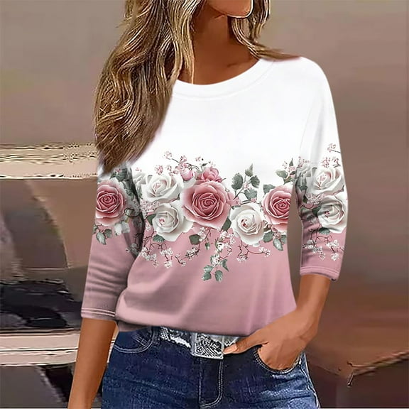 Aobny Pink Womens Summer Tops Floral Plus Size Pullover Crew Neck Long Sleeve Women Tops Dressy Casual