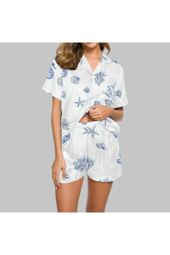 Pj Sets Blue Graphic Women Cooling Pajamas Short Loose Collared Short Sleeve Womens Outfits,S