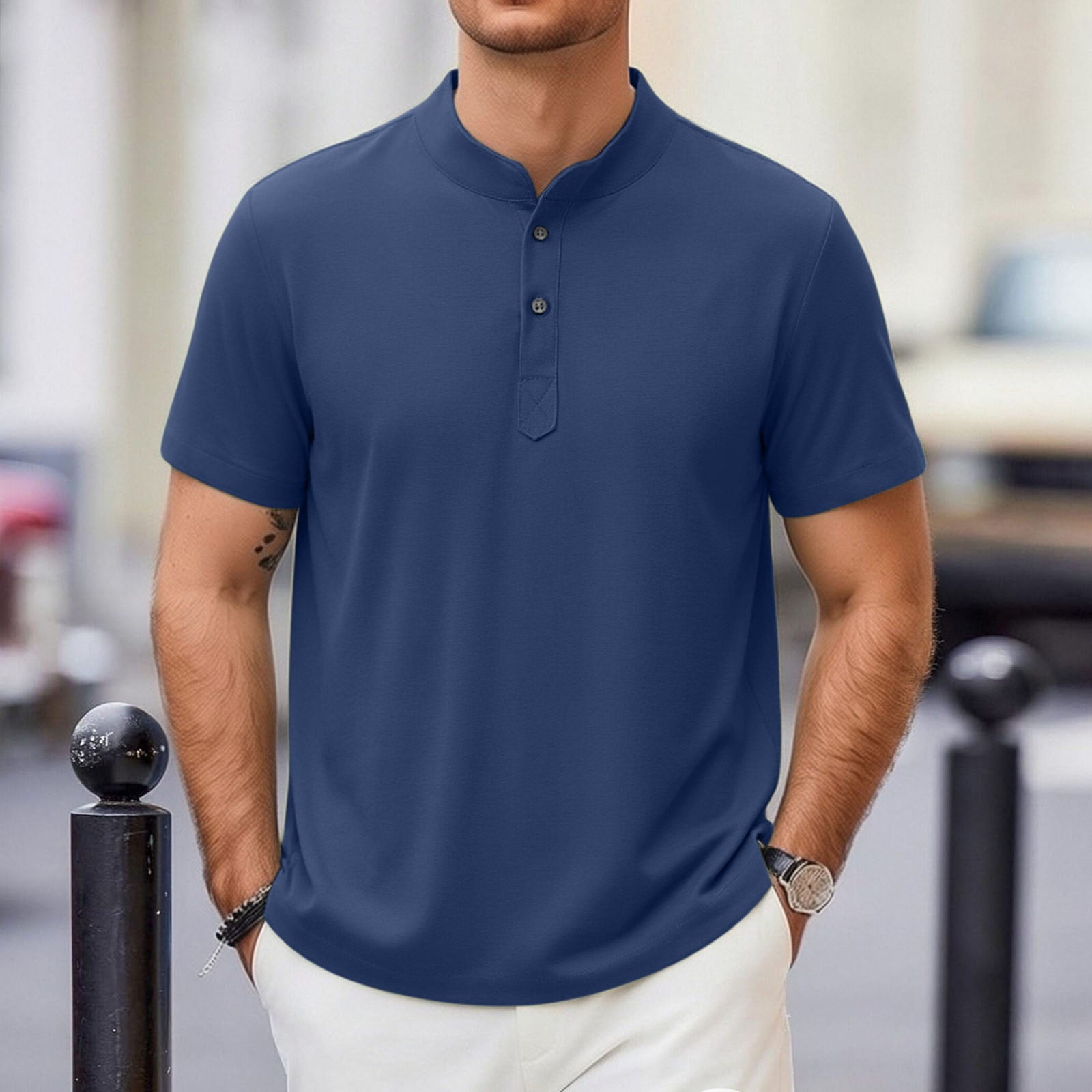 Aobny Plain Mens T Shirts Linen Button T-Shirts Collared Polos Big ...