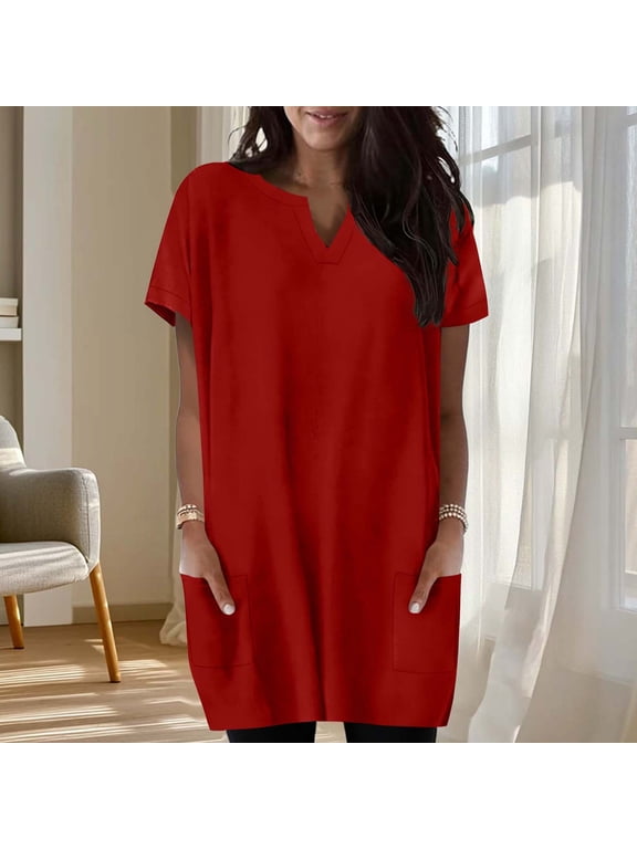 Plain T Shirts Women with Pocket Tunic Tshirts V-Neck Red Short Sleeve Womens Boho Tops,M