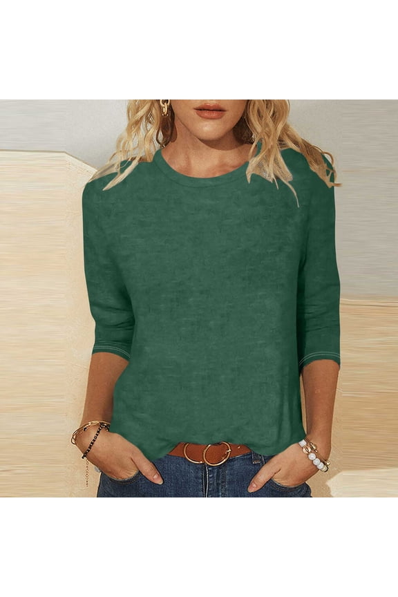 Plain T-Shirts for Women Loose Fit Casual T-shirts Green Crew Neck 3/4 Sleeve Business Tops for Women,L