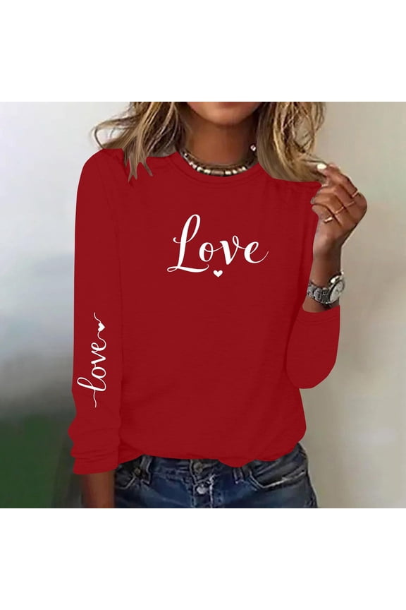Plus Size Blouse Valentine Love Heart Womens Blouses Crew Neck Red Long Sleeve Pullover Womens Plus Size Tops,L