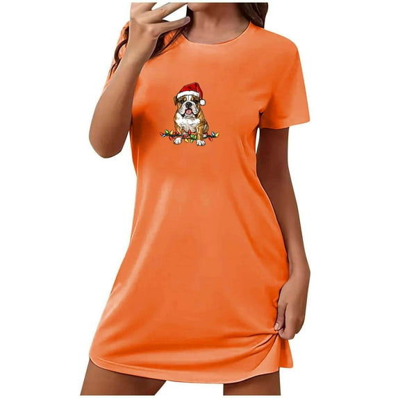 Aobny Plus Size Christmas Nightgown for Women Short Sleeve Short Night Shirt Orange Night Shirts for Women,XXL