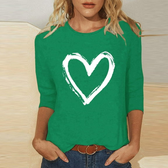 Aobny Plus Size Cute Shirts Love Heart Valentine Womens T-shirts Green 3/4 Sleeve Work Out Tops Gym for Women,3XL