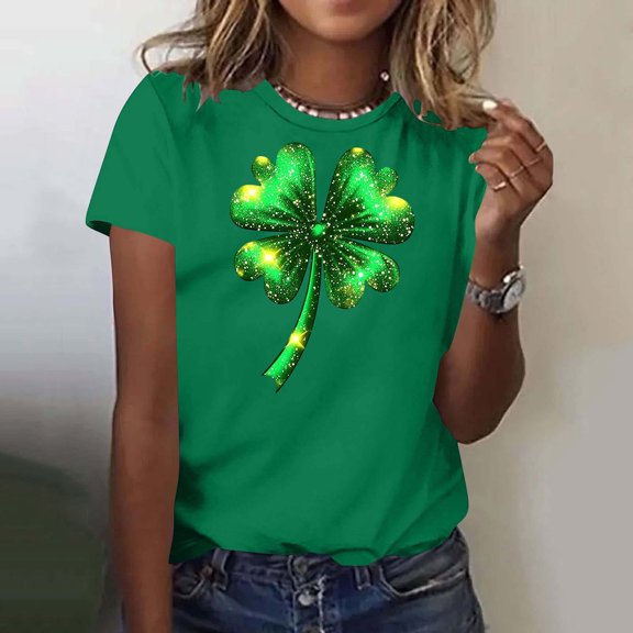 Aobny Plus Size Shirts St Patrick's Cotton Womens Tops Short Sleeve Crew Neck Green Pullover Womens Blouses Dressy,XXL