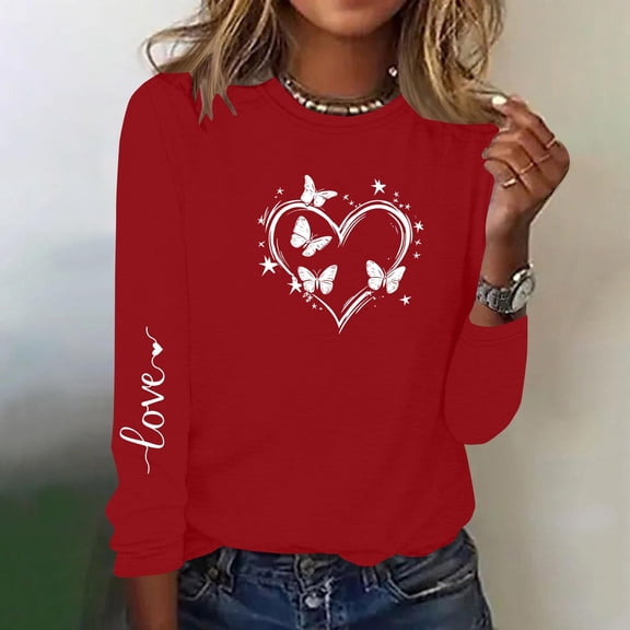 Aobny Plus Size Shirts for Women Love Heart Valentine Shirt Red Long Sleeve Crew Neck Fall Shirts for Women,XXXL