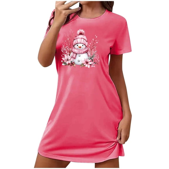 Aobny Plus Size Sleep Dress Christmas Women Short Loungewear Crew Neck Short Sleeve Hot Pink Santa Pajamas,L