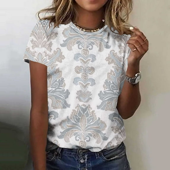 Aobny Plus Size Spring Womens Tops White T-Shirt Short Sleeve Western Crew Neck Womens Summer Tops