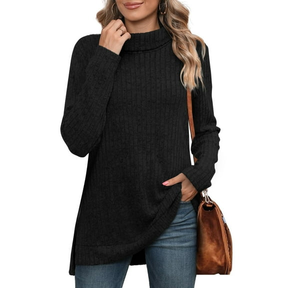 Aobny Plus Size Sweaters for Women Black Long Sleeve Mock Neck Ribbed Pullover Solid Tunic Womens Shirts Casual,M