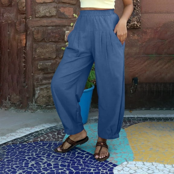 Aobny Plus Size Womens Pants Barrel Harem Blue Pants Ankle High Waist Loose Palazzo Plus Size Spring Pants for Women,L
